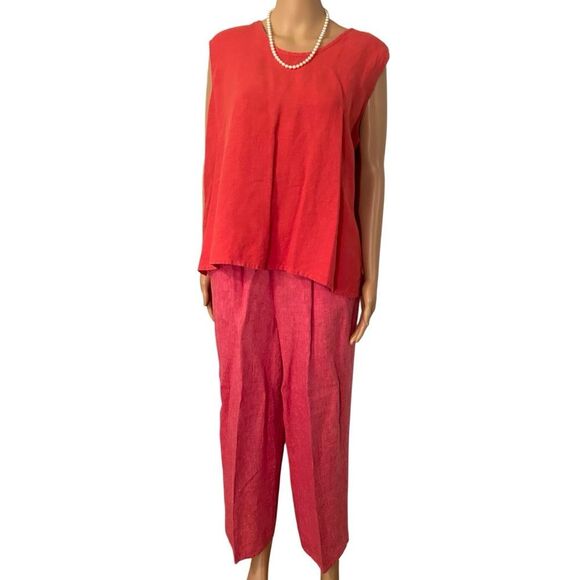 FLAX Jeanne Engelhart Women’s Linen Three Piece Coral Pink Rose Print Set - Picture 3 of 16